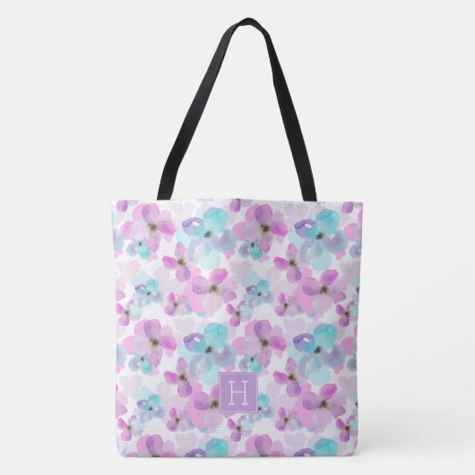 Tote Bag Lavande Aquarelle Fleurs Monogramme (Devant)