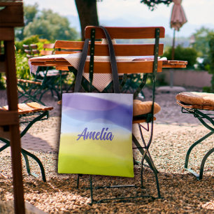 Tote Bag Lavande jaune à vague géométrique avec nom