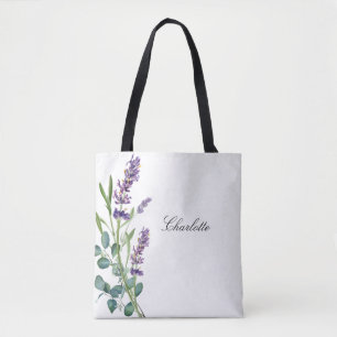 Tote Bag Lavender eucalyptus nom vert script blanc