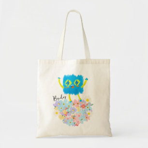 Tote Bag Le Gribouillis Bleu Heureux sur un Lit de Fleurs