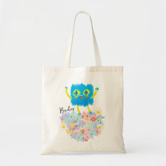 Tote Bag Le Gribouillis Bleu Heureux sur un Lit de Fleurs