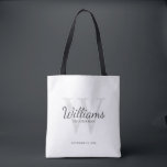 Tote Bag Le nom et le monogramme des développeurs de script<br><div class="desc">Ajoutez une touche personnelle à votre mariage grâce à un sac fourre-tout de toiletteurs personnalisé. Ce sac contient le nom personnalisé du groomsman en style de police de script classique gris avec des détails mariages en style de police serif classique gris et monogramme en style de police serif classique gris...</div>