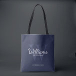 Tote Bag Le nom et le monogramme des développeurs de script<br><div class="desc">Ajoutez une touche personnelle à votre mariage grâce à un sac fourre-tout de toiletteurs personnalisé. Ce sac contient le nom personnalisé du marionnettiste dans le style de police de script classique blanc avec des détails mariages dans le style de police de serif classique blanc et monogramme dans le style de...</div>