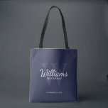 Tote Bag Le nom et le monogramme des développeurs de script<br><div class="desc">Ajoutez une touche personnelle à votre mariage grâce à un sac fourre-tout de toiletteurs personnalisé. Ce sac contient le nom personnalisé du marionnettiste dans le style de police de script classique blanc avec des détails mariages dans le style de police de serif classique blanc et monogramme dans le style de...</div>