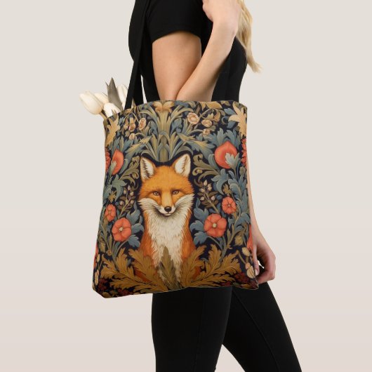 Tote Bag Le renard et les fleurs rouges style Art nouveau (De près)