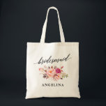 Tote Bag Le rose de calligraphie rougissent nom floral de<br><div class="desc">La calligraphie élégante moderne,  rose d'aquarelle rougissent sac fourre-tout floral à nom de demoiselle d'honneur</div>