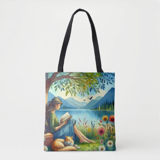 Tote Bag Lecture d'un livre sous un arbre avec un chat endo (Devant)