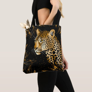 Tote Bag Leopard Cheetah Imprimer Black Gold Jungle Feuille