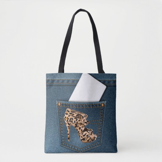 Tote Bag Leopard High Heel & Blue Jean Motif Pocket Jean. (Devant)