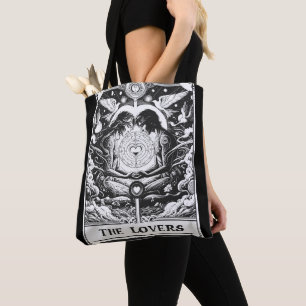 Tote Bag LES AMOUREUX Tarot Celestial Couple Noir & Blanc