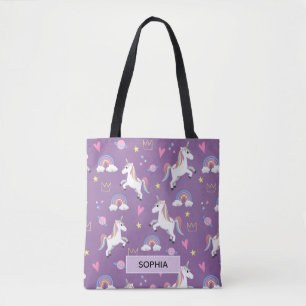 Tote Bag Les filles mauves Motif Unicorne et nom Kids