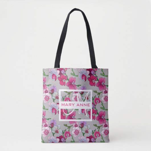 Tote Bag Les orchidées roses en fleur | ajoutent votre nom (Devant)