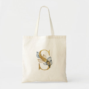 Tote Bag *~* Letter S Gold Monogram Initial Black Leaves