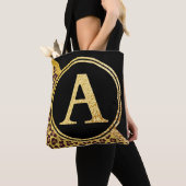 Tote Bag Lettre A Monogramme Empreinte de léopard Or et noi (De près)