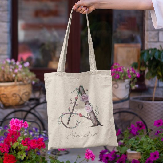 Tote Bag Lettre A Monogramme Floral Personnalisé Cadeau