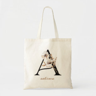 Tote Bag Lettre "A" Monogramme Personnalisé Floral Moderne