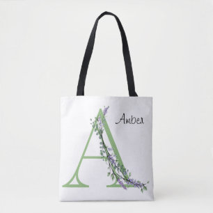 Tote Bag Lettre alphabétique A Lavender Eucalyptus aquarell