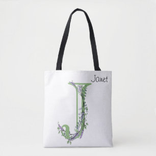 Tote Bag Lettre alphabétique élégante J Lavender Eucalyptus