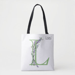 Tote Bag Lettre alphabétique L aquarelle Lavande Eucalyptus