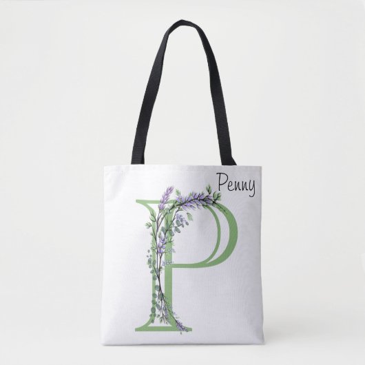 Tote Bag Lettre alphabétique P Lavender Eucalyptus monogram (Devant)