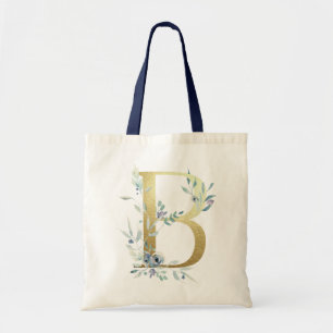 Tote Bag Lettre B à monogramme doré Fleurs aquarelles bleue