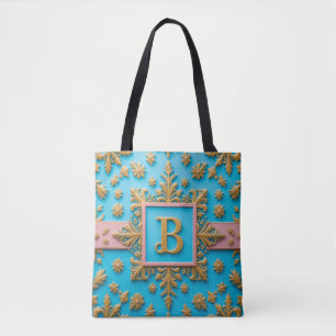 Tote Bag Lettre B dorée élégante baroque sur fond bleu