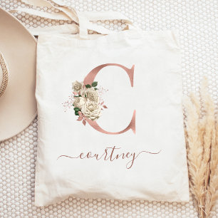 Tote Bag Lettre C Monogramme en Or Rose sur Fond Ivoire Flo