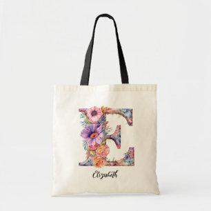 Tote Bag LETTRE CHIC E   Lettre florale lunaire monogramme