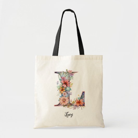 Tote Bag LETTRE CHIC L | Lettre florale lunaire monogramme (Devant)