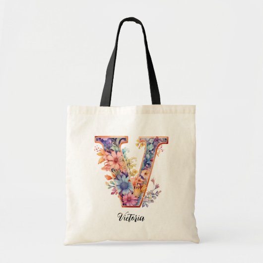 Tote Bag LETTRE CHIC V | Lettre florale lunaire monogramme (Devant)