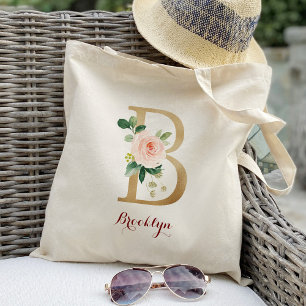 Tote Bag Lettre d'or B et florale floue personnalisée