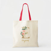 Tote Bag Lettre d'or E et florale floue personnalisée (Devant)