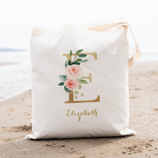 Tote Bag Lettre d'or E et florale floue personnalisée