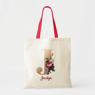 Tote Bag LETTRE D'OR J ET BLANC Floral chic personnalisé