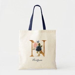 Tote Bag Lettre d'or N et florale floue personnalisée