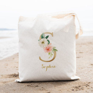 Tote Bag Lettre d'or S et florale floue personnalisée