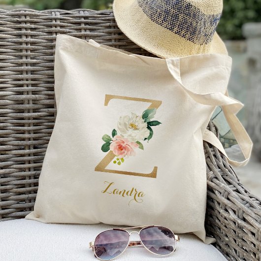 Tote Bag Lettre d'or Z et florale floue personnalisée