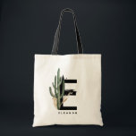 Tote Bag Lettre E Monogramme | Cactus tropicaux Personnalis<br><div class="desc">Sac fourre-tout E monogramme personnalisable avec cactus aquarelle,  feuilles faux feuille d'or et accents de brosse d'aquarelle noire. Personnalisez ce sac fourre-tout de monogramme tropical en ajoutant votre nom ou d'autres détails. Ce sac monogrammed de lettre E boho sera parfait comme cadeau. D'autres lettres sont disponibles.</div>