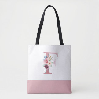 Tote Bag LETTRE F Florale Rose Personnalisée