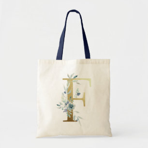 Tote Bag Lettre F Monogramme Doré Fleurs Aquarelle Bleue