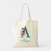 Tote Bag LETTRE Florale A Script Monogramme rose Turquoise (Dos)