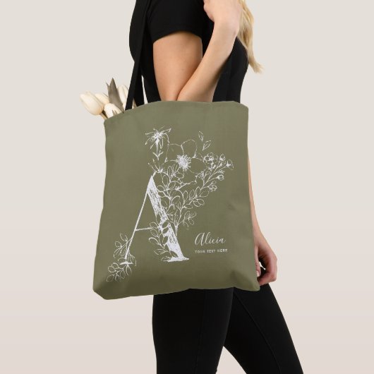 Tote Bag Lettre florale botanique Un monogrammed rustique (De près)