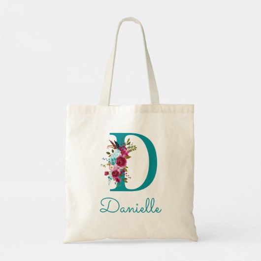 Tote Bag LETTRE Florale D Script Monogramme rose Turquoise (Dos)