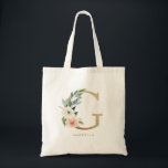 Tote Bag Lettre florale de pivoine G Monogramme d'or Brides<br><div class="desc">Le sac fourre-tout monogramme G à lettre florale est doté d'un bouquet floral d'aquarelle de pivoines et de roses blancs et roses, d'un accent verdoyant et d'une lettre fausse feuille d'or. Ce sac fourre-tout monogramme de femme d'honneur fleurie G est parfait pour les mariages, douches, anniversaires et bien plus encore....</div>