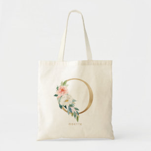 Tote Bag Lettre florale de pivoine O Monogramme or Bridesma