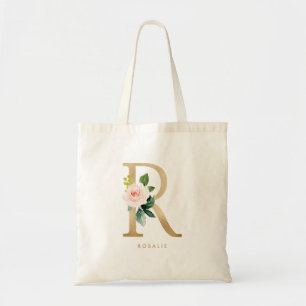 Tote Bag Lettre florale de pivoine R Monogramme or Bridesma