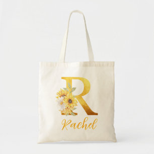 Tote Bag Lettre Florale dorée R Monogramme Mariage Faveur