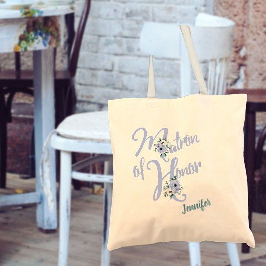 Tote Bag Lettre florale Dusty Blue Custom Matron d'honneur