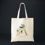 Tote Bag LETTRE Florale Faux Gold Foil A MONogramme Maid<br><div class="desc">sac fourre-tout floral féminin et élégant avec des illustrations aquarelles de fleurs,  de verdure et de monogramme de faux feuil. Personnalisez en ajoutant un nom ou une courte phrase. Ce sac de toile monogramme floral sera parfait comme cadeau personnalisé.</div>