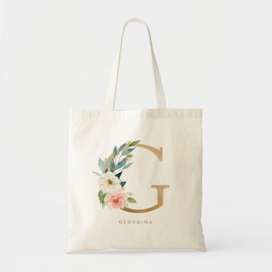 Tote Bag LETTRE Florale Faux Gold Foil G MONogramme Bridesm (Devant)